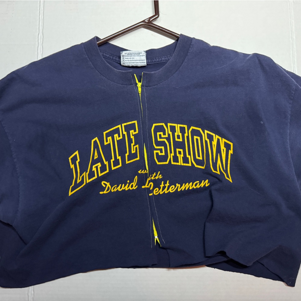 Cropped reworked Lee Navy Sweatshirt with Yellow late show Print